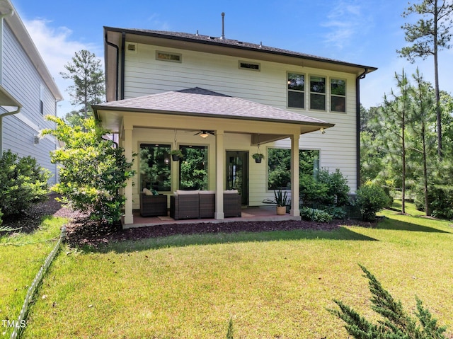 111 Chapel Run Way, Chapel Hill, NC 27517 - rear view of property featuring a ceiling fan, an outdoor hangout area, a yard, a shingled roof, and a patio area