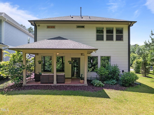 111 Chapel Run Way, Chapel Hill, NC 27517 - back of property featuring a patio area, a lawn, an outdoor hangout area, and roof with shingles