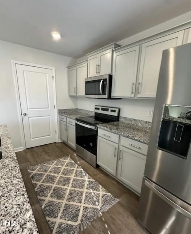 kitchen with stainless steel appliances, dark wood-style floors, and light stone countertops