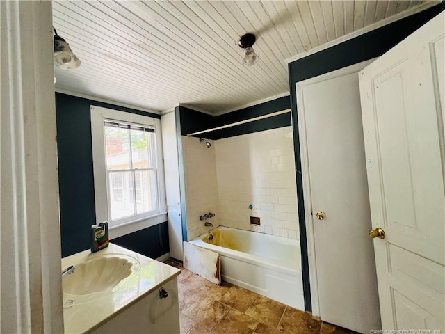 full bath with wooden ceiling, tub / shower combination, vanity, and ornamental molding