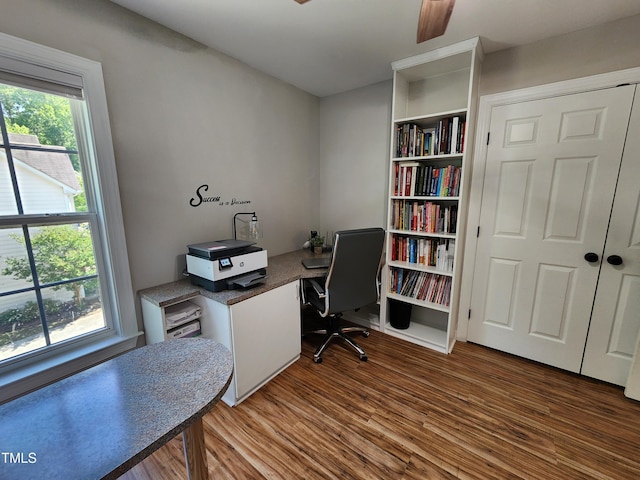 office with wood finished floors and ceiling fan