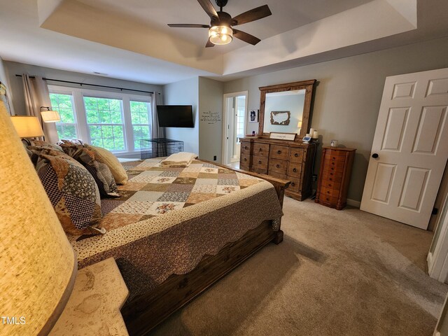 bedroom featuring a raised ceiling, light colored carpet, ceiling fan, and baseboards