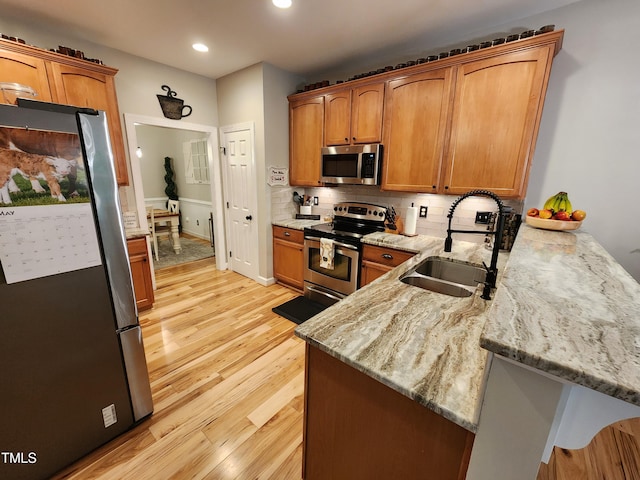 kitchen featuring stainless steel appliances, a sink, a peninsula, light wood-style floors, and backsplash