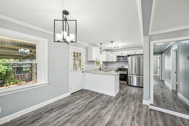 kitchen featuring stainless steel appliances, a sink, white cabinetry, dark wood finished floors, and a peninsula