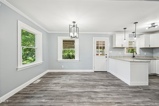 kitchen with white cabinetry, ornamental molding, a sink, baseboards, and dark wood-style floors
