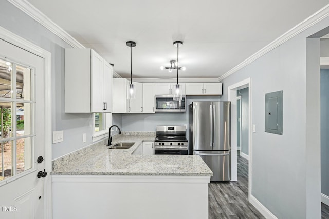 kitchen with stainless steel appliances, electric panel, a sink, light stone countertops, and white cabinets