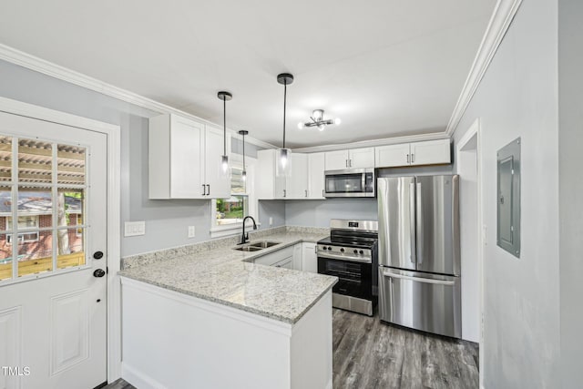 kitchen with stainless steel appliances, a sink, crown molding, a peninsula, and white cabinetry