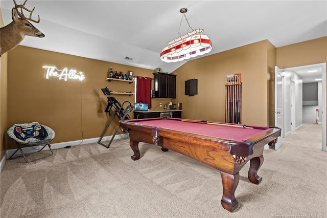 game room with light colored carpet, baseboards, pool table, and vaulted ceiling