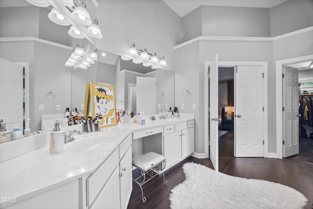 full bathroom featuring double vanity, wood finished floors, a spacious closet, and baseboards