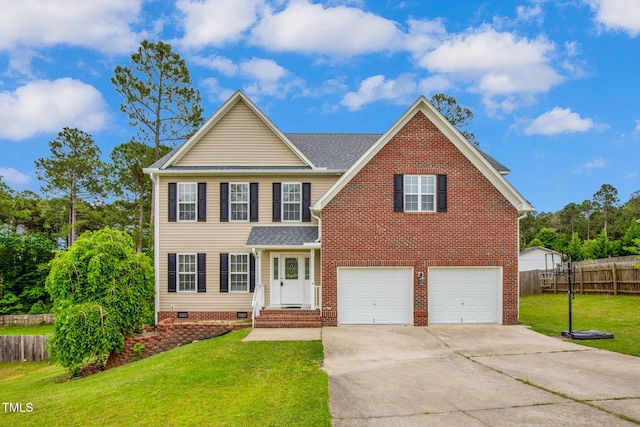 traditional home with an attached garage, concrete driveway, and crawl space
