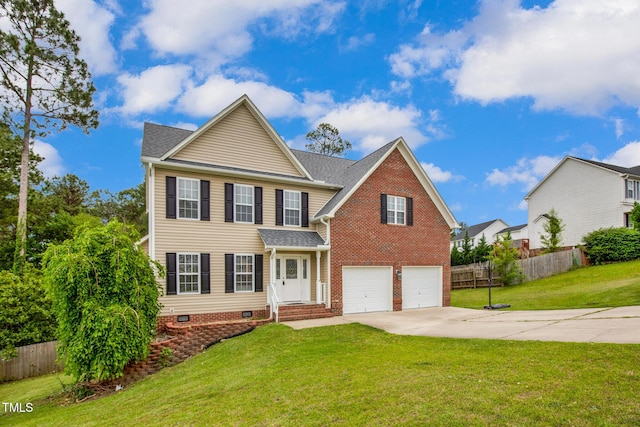 traditional-style home with concrete driveway, a garage, crawl space, and a shingled roof