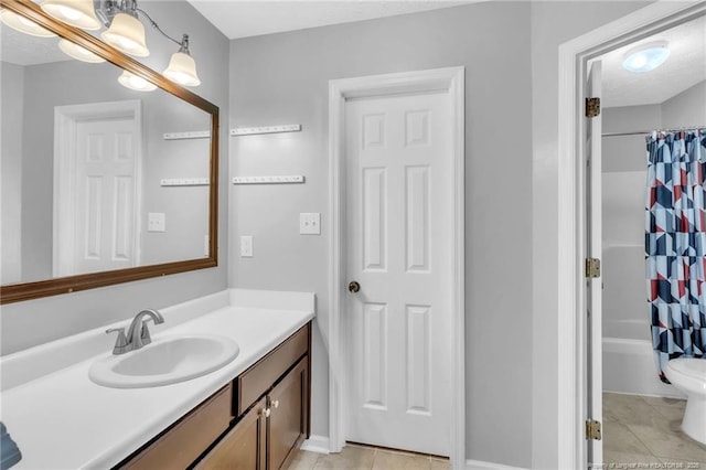 4725 Grandison Ct, Hope Mills, NC 28348 - full bathroom with tile patterned flooring, vanity, a shower with curtain, and baseboards