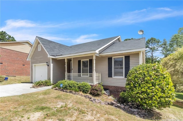 4725 Grandison Ct, Hope Mills, NC 28348 - ranch-style house with a porch, a garage, concrete driveway, and a shingled roof