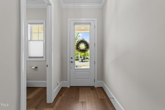 doorway featuring wood finished floors, ornamental molding, healthy amount of natural light, and baseboards
