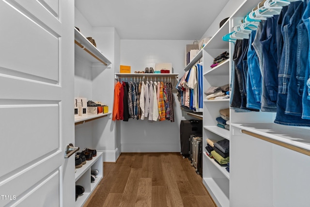 walk in closet with wood finished floors