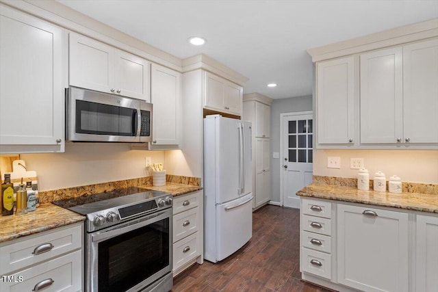 3418 Carriage Trl, Hillsborough, NC 27278 - kitchen with stainless steel appliances, dark wood finished floors, recessed lighting, light stone counters, and white cabinetry