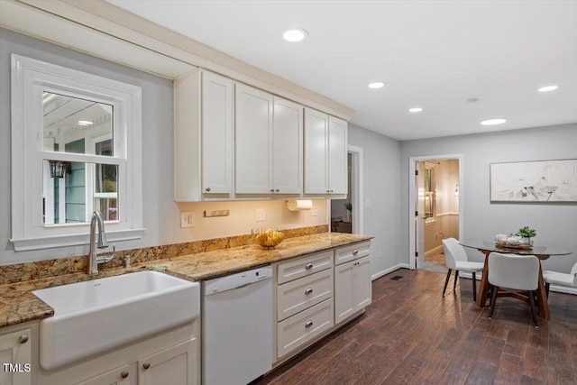 3418 Carriage Trl, Hillsborough, NC 27278 - kitchen with dishwasher, a sink, dark wood finished floors, recessed lighting, and light stone countertops
