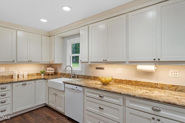 3418 Carriage Trl, Hillsborough, NC 27278 - kitchen featuring dishwasher, a sink, dark wood finished floors, recessed lighting, and light stone counters