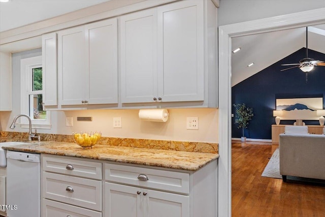3418 Carriage Trl, Hillsborough, NC 27278 - kitchen with dishwasher, dark wood-type flooring, a sink, white cabinets, and a ceiling fan