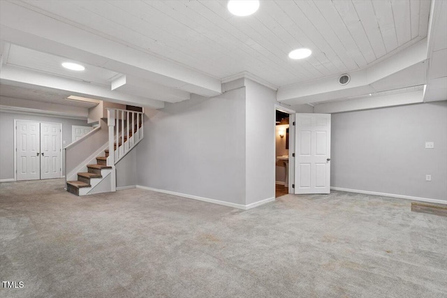3418 Carriage Trl, Hillsborough, NC 27278 - finished below grade area featuring carpet floors, baseboards, stairs, wood ceiling, and recessed lighting