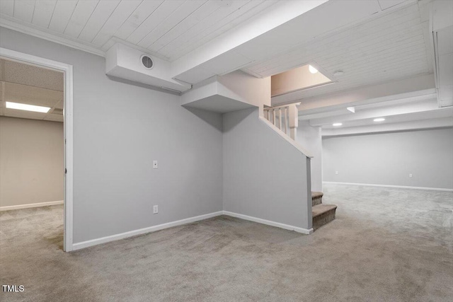 3418 Carriage Trl, Hillsborough, NC 27278 - finished basement featuring carpet floors, stairway, baseboards, recessed lighting, and ornamental molding