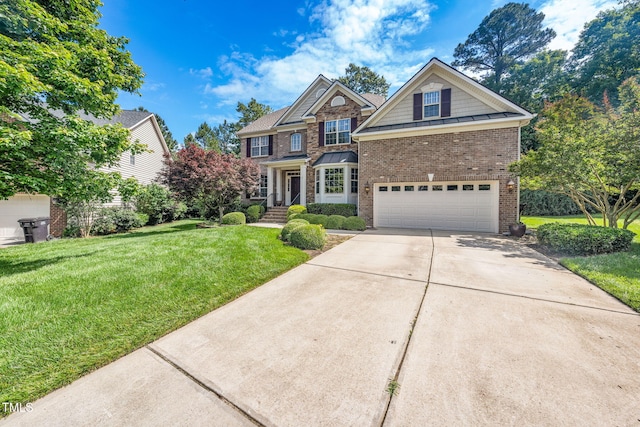 view of front facade featuring an attached garage, driveway, a front yard, and brick siding
