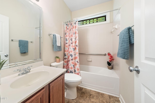 bathroom featuring toilet, vanity, and shower / bathtub combination with curtain
