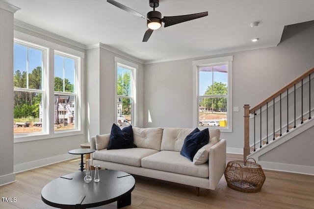 living area with crown molding, baseboards, ceiling fan, light wood-type flooring, and stairs