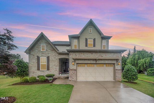 1201 Pleasant Falls Ct, Wake Forest, NC 27587 - view of front of property featuring concrete driveway, a lawn, a garage, and stone siding