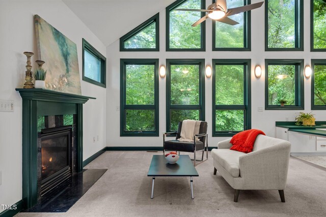 224 Crawford Rd, Hillsborough, NC 27278 - carpeted living area with a ceiling fan, plenty of natural light, a premium fireplace, and high vaulted ceiling