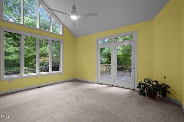 224 Crawford Rd, Hillsborough, NC 27278 - empty room with carpet flooring, a ceiling fan, baseboards, and high vaulted ceiling