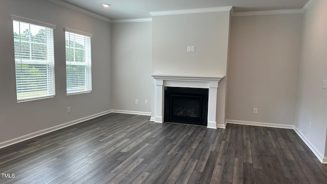 3112 Star Gazing Ln, Durham, NC 27703 - unfurnished living room featuring dark wood-type flooring, ornamental molding, a fireplace, baseboards, and recessed lighting