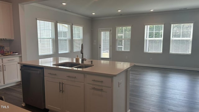 3112 Star Gazing Ln, Durham, NC 27703 - kitchen with stainless steel dishwasher, a sink, dark wood-style floors, light countertops, and ornamental molding