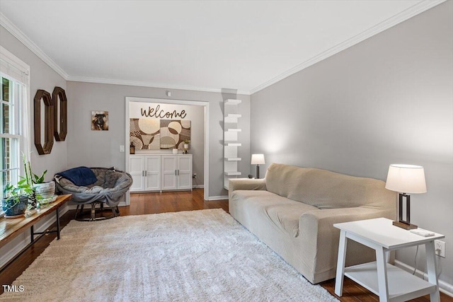 living room featuring wood finished floors, crown molding, and baseboards