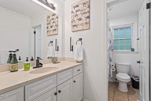full bath featuring ornamental molding, tile patterned flooring, vanity, toilet, and baseboards