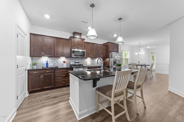 kitchen featuring stainless steel appliances, a sink, a kitchen bar, and tasteful backsplash