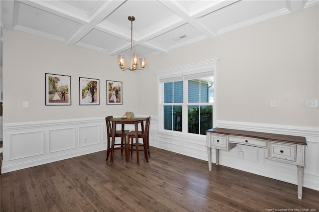 dining area featuring a chandelier, coffered ceiling, beam ceiling, dark wood finished floors, and wainscoting