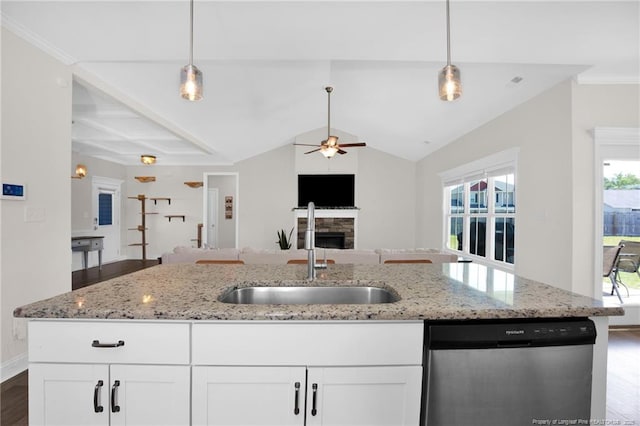 kitchen with dishwasher, a sink, open floor plan, a fireplace, and dark wood-type flooring