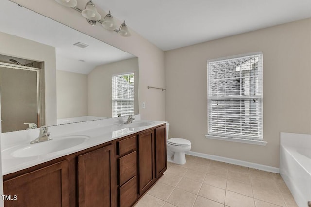full bath featuring a shower stall, a bath, baseboards, double vanity, and toilet