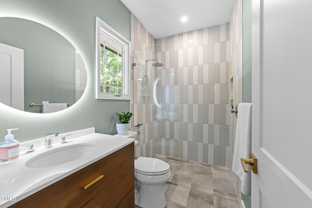 1115 Trailwood Dr, Raleigh, NC 27606 - bathroom with toilet, a walk in shower, vanity, and recessed lighting