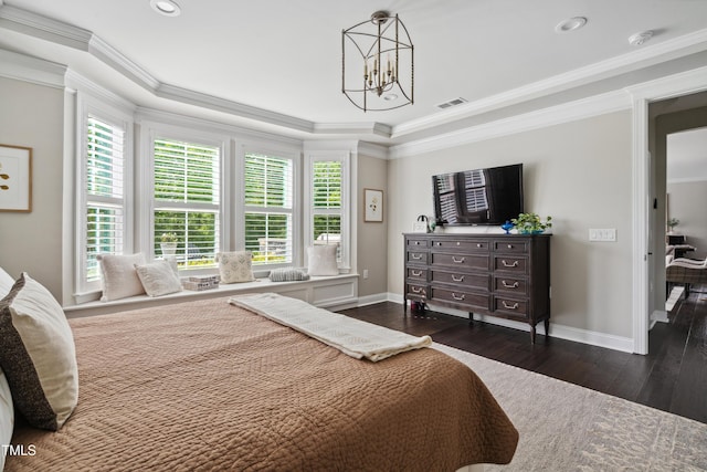 bedroom featuring multiple windows, baseboards, a chandelier, dark wood-type flooring, and ornamental molding