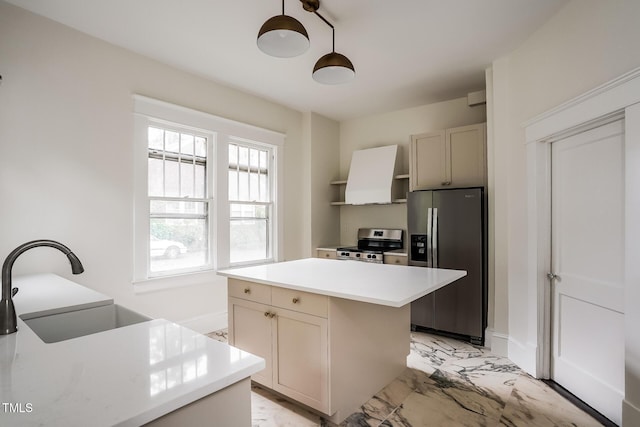 2607 Chapel Hill Rd, Durham, NC 27707 - kitchen with stainless steel appliances, open shelves, light marble finish floors, and light countertops