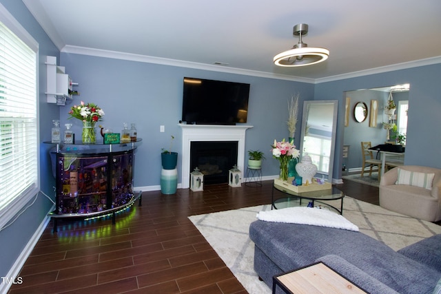living area with baseboards, ornamental molding, a fireplace, and wood finished floors