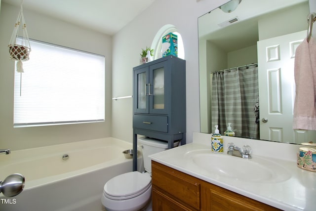 bathroom featuring vanity, toilet, and a bath
