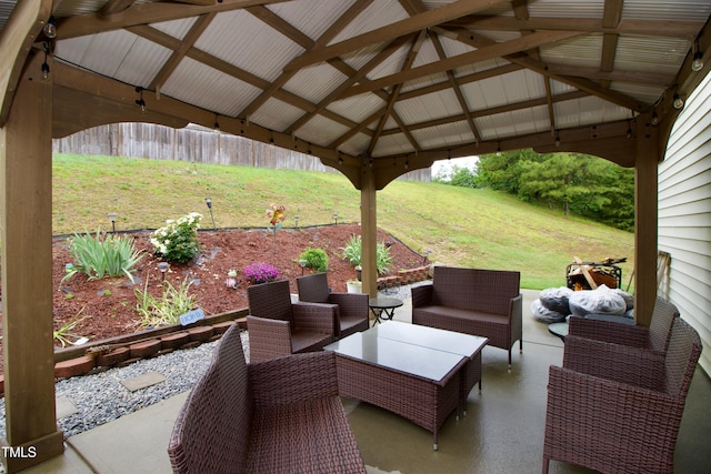 view of patio / terrace with an outdoor hangout area and a gazebo