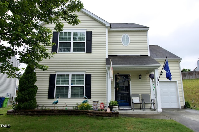 view of front facade featuring concrete driveway, a porch, a front yard, a shingled roof, and an attached garage