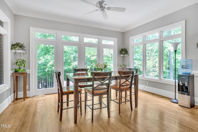 dining area featuring a ceiling fan, light wood-style flooring, baseboards, and crown molding