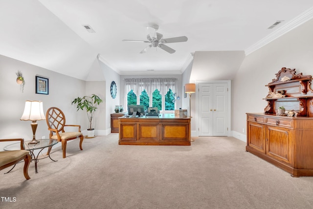 home office featuring ornamental molding, light colored carpet, ceiling fan, and baseboards