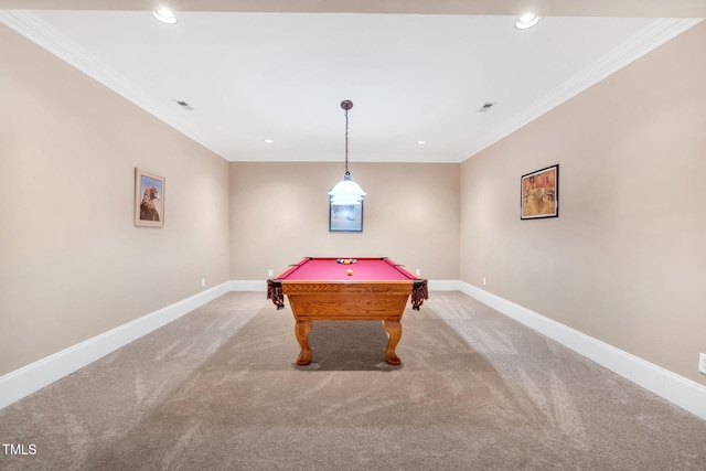 rec room featuring light colored carpet, recessed lighting, ornamental molding, baseboards, and pool table