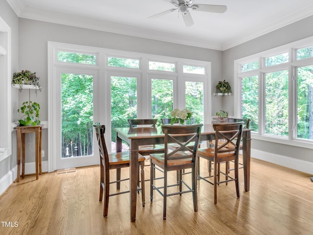 4817 Fox Branch Ct, Raleigh, NC 27614 - dining area with ceiling fan, light wood-type flooring, ornamental molding, and baseboards